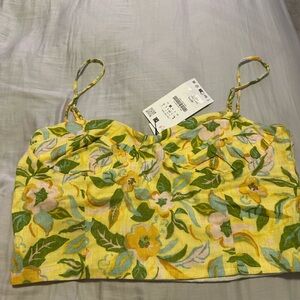 Zara Floral Yellow Cropped Spaghetti-Strap Top